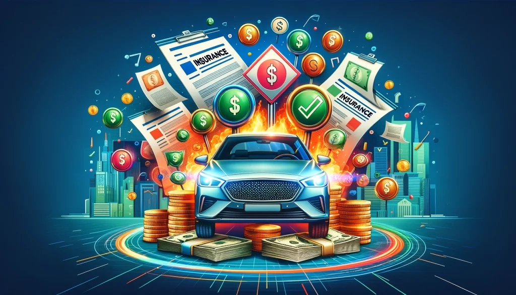 Illustration of a car surrounded by insurance documents, coins, dollar bills, and comparison checkmarks, set against a cityscape background with insurance company logos.