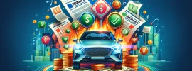 Illustration of a car surrounded by insurance documents, coins, dollar bills, and comparison checkmarks, set against a cityscape background with insurance company logos.