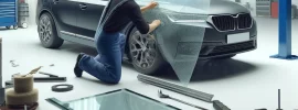 Technician aligning a new windshield for installation in a clean, bright auto repair shop with the car's old windshield partially removed and tools visible.