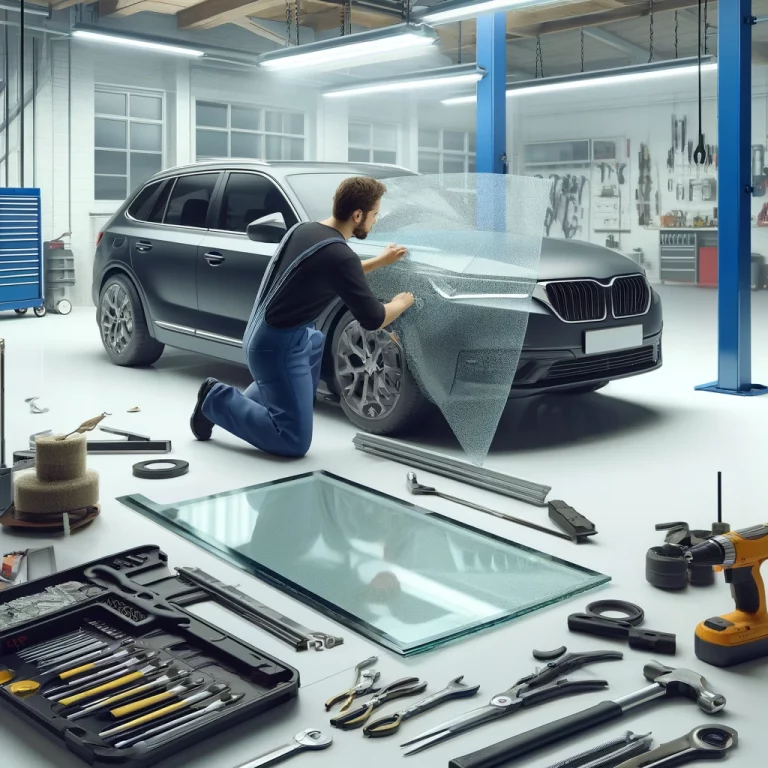 Technician aligning a new windshield for installation in a clean, bright auto repair shop with the car's old windshield partially removed and tools visible.