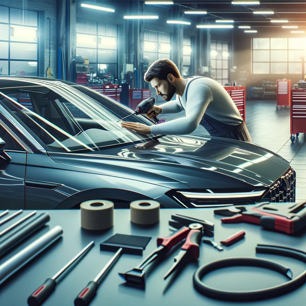 Mechanic installing a new windshield on a modern sedan in a professional, well-lit auto repair shop with various tools and equipment in the background.