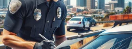 A police officer examines a car with a cracked windshield and writes a ticket, highlighting the importance of adhering to windshield laws.