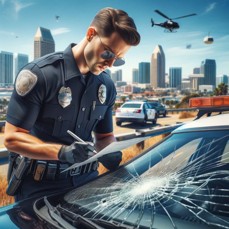 A police officer examines a car with a cracked windshield and writes a ticket, highlighting the importance of adhering to windshield laws.